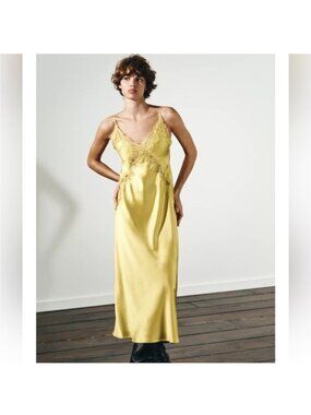 Elegant Yellow Lace Trim Slip Dress